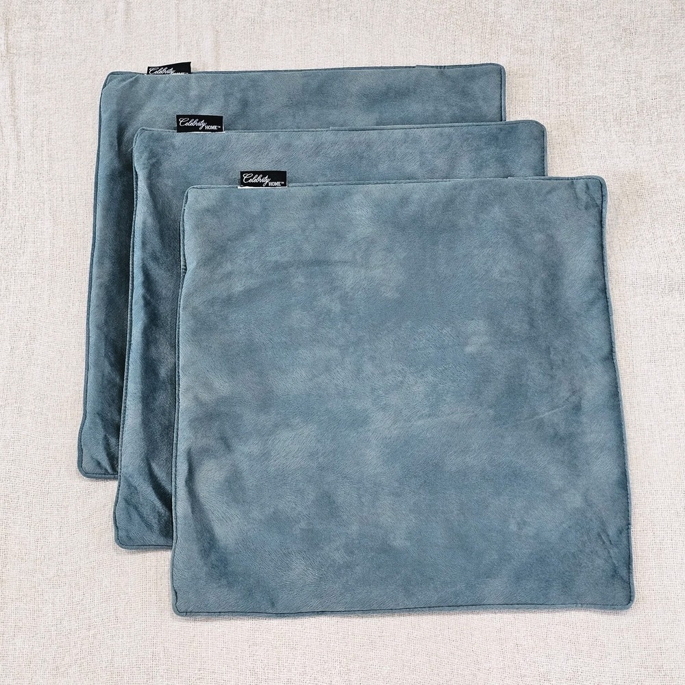 EUC Lot of 3  Celebrity Home Blue-Green Feathered Velvet Decorative Pillowcases